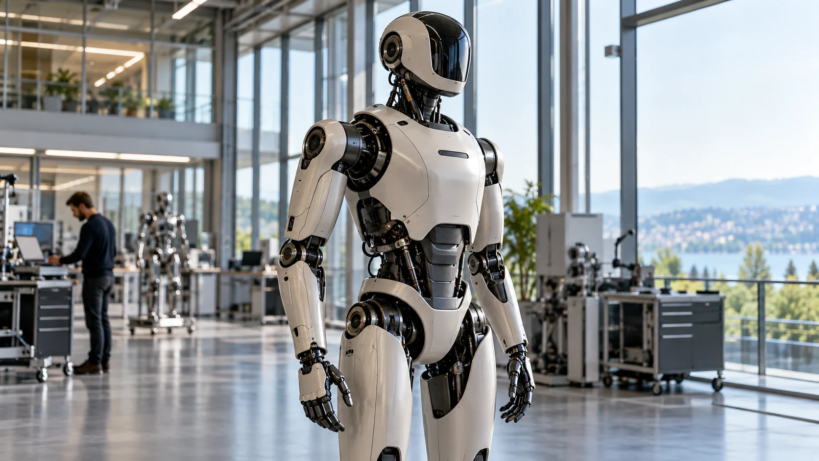 AI-generated visual of a humanoid robot in a modern robotics facility